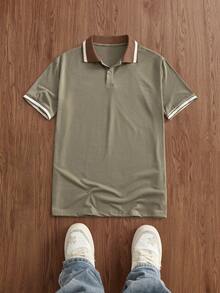 Manfinity Unisex Men's Casual Commuter Striped Short Sleeve Knit Polo Shirt, Summer - Olive Green - View 1