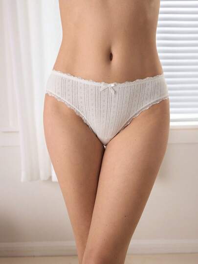Ocili Women's Cotton Knit Jacquard Comfortable Contrast Lace Bow Decor Panties