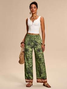 Breezaya 女士复古印花腰部抽绳设计休闲裤，度假装扮 - 彩色 - 查看 1