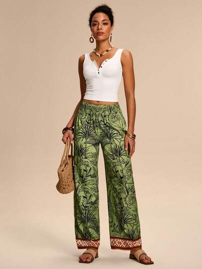 Breezaya Women Wide Leg High Waist Pants Elastic Shirred Tropical Print  Trim Side Pockets Bohemian Vacation Casual Black Pants Vacation Outfits For Women Summer Holiday Outfits