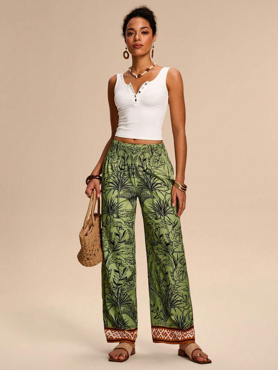 Breezaya 女士复古印花腰部抽绳设计休闲裤，度假装扮 - 彩色 - 查看 1