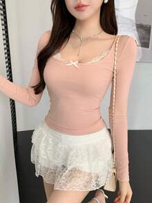 DAZY 女士蕾丝拼接豹纹长袖修身T恤 - 粉色 - 查看 5