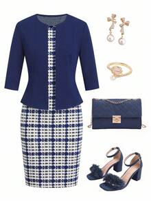 SHEIN Clasi Navy Blue Cardigan Knit Jacket, Elastic, Waist Cinched, Slimming Effect Elegant Navy & White Plaid Knee-Length Dress, Suitable For Everyday, Commuting, Spring/Summer Work Suits, Office Attire, Spring Women's Two-Piece Sets - Blue and White - View 9