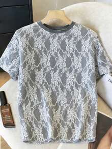 Nubod 春夏时尚休闲度假风百搭日常大码女式蕾丝边圆领落肩短袖T恤沙滩装 - 灰色 - 查看 5