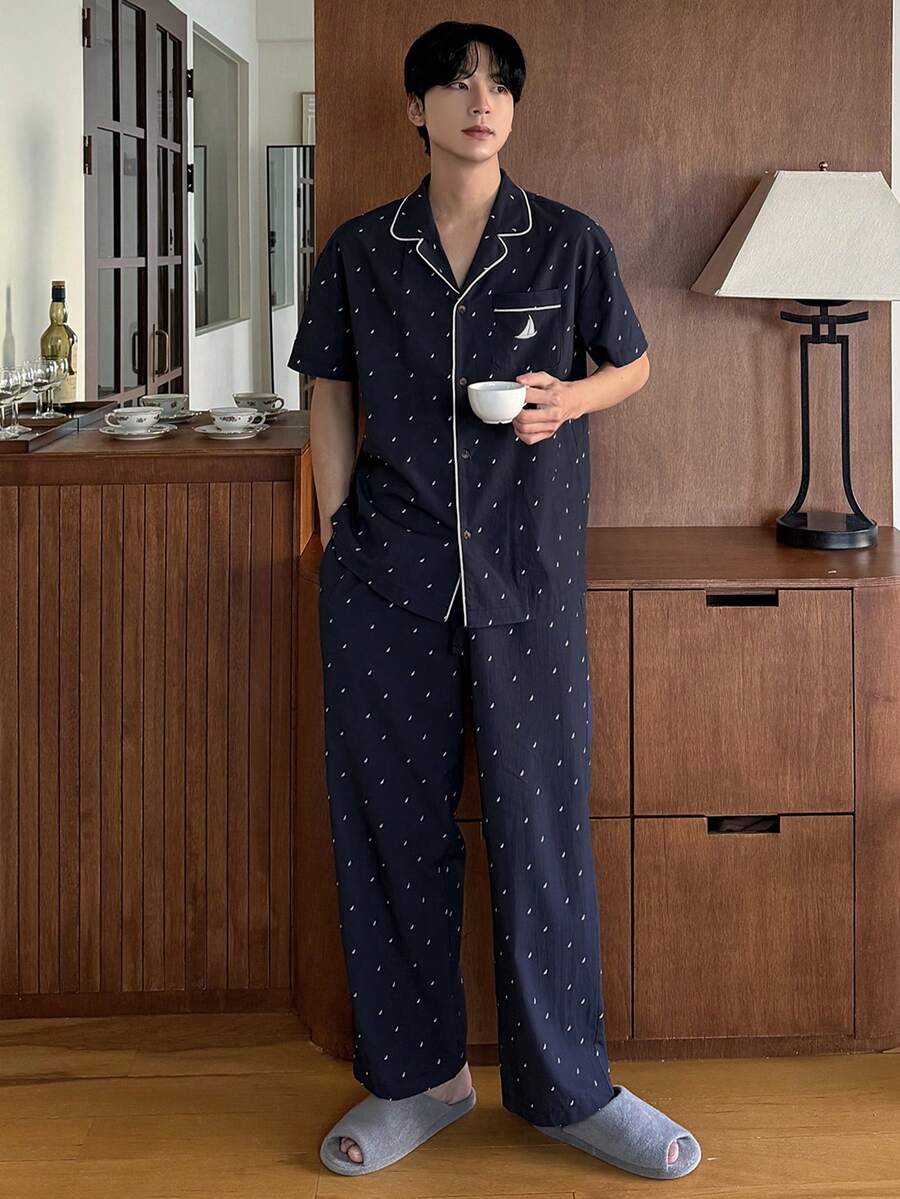 DAZY Men's Polka Dot Floral Print Shirt And Pants Pajama Set, Spring/Summer - Blue - View 1