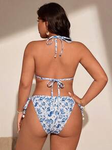 Swim Vcay Conjunto de Maiô Bikini Plus Size Estampado com Estrela-do-mar Colorida e Coral para Férias - Azul e Branco - Visão 2