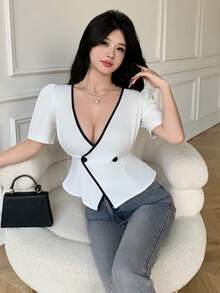 Celisse Women's Ruffle Trim Deep V-Neck Double Breasted Puff Sleeve Fashionable Blouse - White - View 4