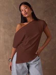 SHEIN BAE Áo thun nữ tay ngắn màu trơn, kiểu dáng thường ngày, vai lệch, thích hợp cho mùa hè. - Cà phê nâu - Xem 7