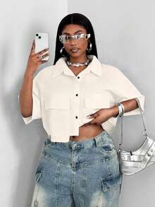 Maweii Plus Size Women Solid Color Short Pocket Front Shirt - Apricot - View 2