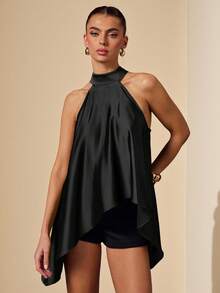 SHEIN BAE Đầm maxi dáng rộng màu xanh ô liu bằng satin, cổ yếm, hở lưng, kiểu dáng chữ A gợi cảm, thích hợp cho kỳ nghỉ xuân/hè, đi biển, dự đám cưới sang trọng, kỳ nghỉ lễ, đi chơi tối thu/đông, Giáng sinh thanh lịch, Halloween. - màu đen - Xem 4