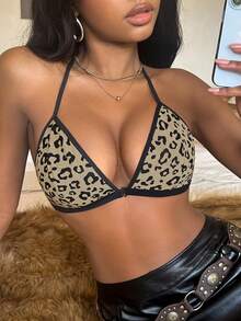 Leopard Print Lingerie Set, Comfortable 3-Piece Sexy Halter Tie Lingerie - Multicolor - View 5