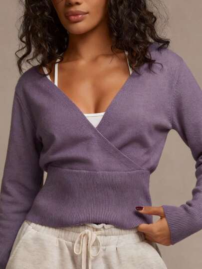 Athîral Women's Solid Color V-Neck Overlapping Casual Versatile Long Sleeve Sweater, Suitable For Autumn/Winter Outings