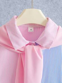 SHEIN 两件套少女休闲时尚衬衫裙+披肩套装，多色条纹撞色衬衫裙，喇叭袖，中长款连衣裙，适合度假、日常穿着、上学等场合。 - 彩色 - 查看 3