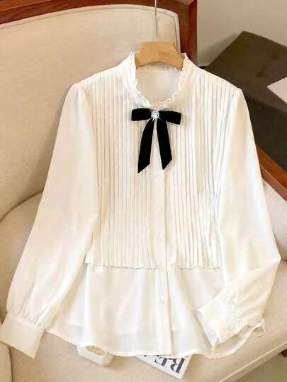 GlowEve CURVE 大码女士优雅复古褶皱衬衫，荷叶边领口甜美蝴蝶结褶皱衬衫，适合约会、朋友聚会或日常通勤，春秋季穿着