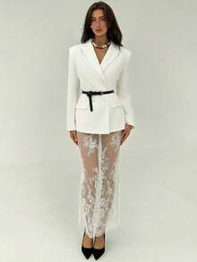 Aloruh Áo blazer trắng thanh lịch dành cho công sở, kết hợp với chân váy ren xuyên thấu. - trắng - Xem 1