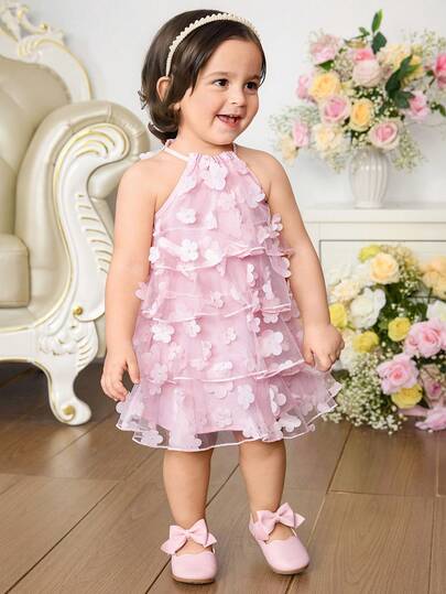 一件式可爱女婴休闲简约立领网纱碎花连衣裙，适合生日派对、聚会、表演、婚礼、洗礼、开幕式、日常穿着、学校、旅行以及春夏季节。