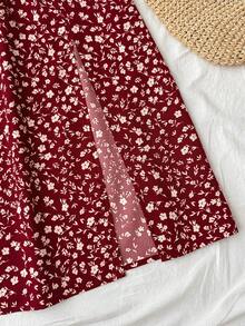 SHEIN 少女酒红色碎花高低摆半身裙 - 酒紅色 - 查看 5