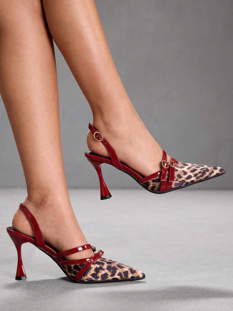 CUCCOO SZL Women's High Heels Pointed 9CM Women's Elegant Wine Glass And High Heels Back Strap Easy To Wear Leopard Print Splicing Burgundy Buckle Queen Leopard Print High Heels Suitable For Daily/Party/Christmas/Valentine's Day Dating/Spring Festival Thanksgiving Party/Women's Shoes Spring Shoes
