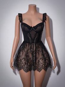 Elegant Lace Trim Slip Dress With Leather Panels, Mesh Cups, Ruffle Straps And Scalloped Lace Waist Design, Seductive Nightgown - Black - View 3