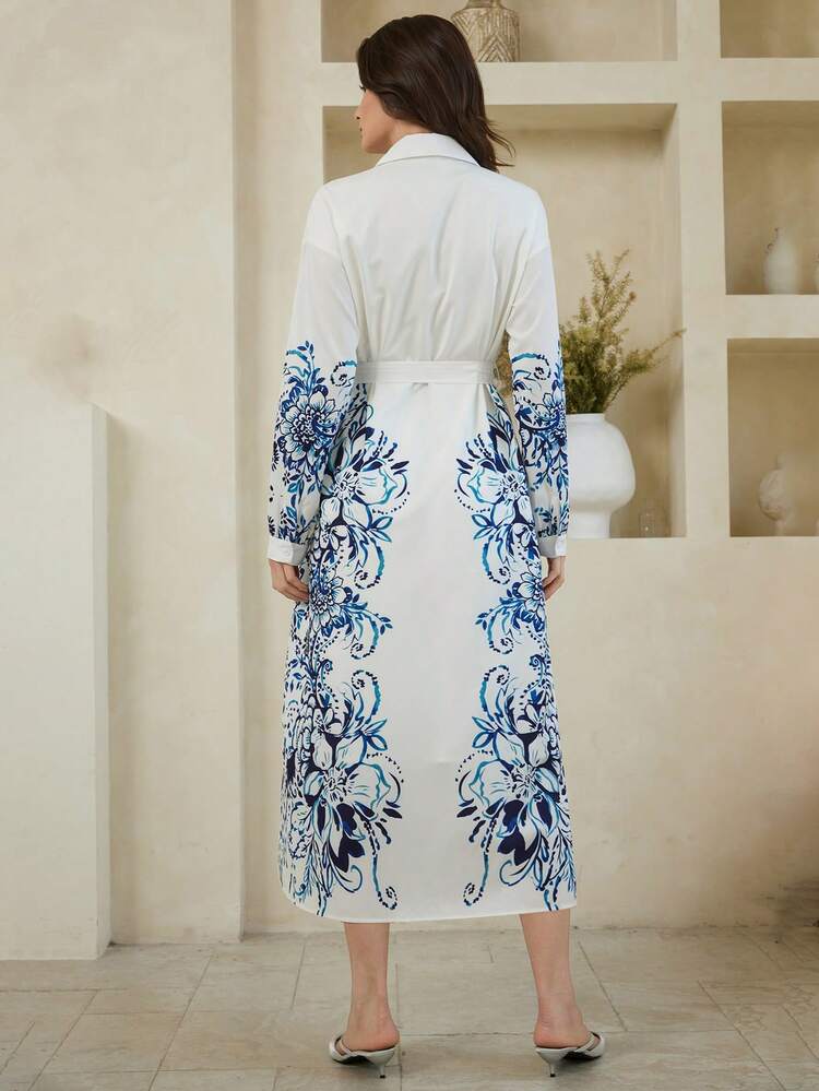 Collared Tie-Waist Chinese Style Print Midi Dress For Women, Vacation Sundress