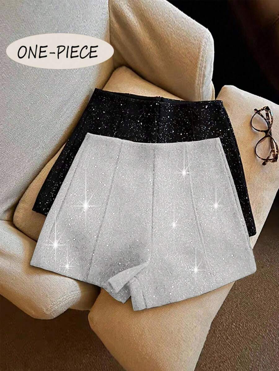 Franclia 时尚优雅闪亮修身羊毛混纺女式短裤 - 淺灰色 - 查看 1