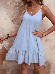 SHEIN VCAY Women's Casual Ruffled Hem Sleeveless Dress - Baby Blue - View 4