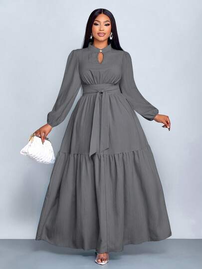 SOLERSUN 大码女装纯色宽松休闲立领前开衩水滴扣高端设计长袖腰带修身A字长裙，优雅舒适休闲时尚通勤气质连衣裙，新款，日常穿着，新年、秋季、冬季、约会、圣诞节，女装