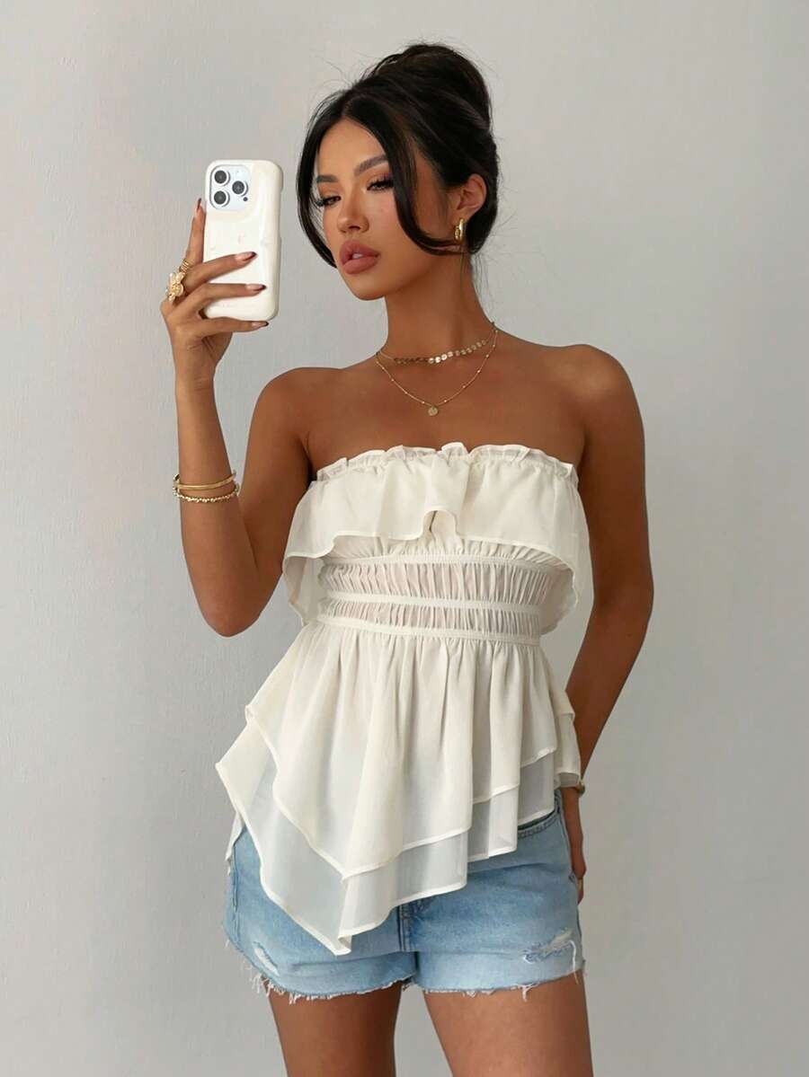 Aloruh 女士新款优雅浪漫时尚杏色荷叶边艺术褶皱抹胸上衣，适合婚礼、日常穿着、约会等场合。