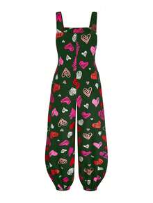 Sweetra Plus Size Women Heart Print Wide Leg Drawstring Jumpsuit - Army Green - View 2