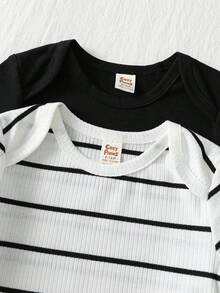 Cozy Pixies 2pcs Baby Boy Striped Pattern Knit Soft Round Neck Long Sleeve Romper Set, Versatile & Comfortable - Multicolor - View 4