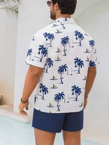 Manfinity KASUA Bộ đồ đi biển cỡ lớn dành cho nam giới, gồm áo sơ mi ngắn tay và quần short in hình cây cọ. - Màu xanh hải quân - Xem 2