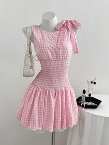 Elamini Women's Pink Plaid Bow Tie Waist Ruffle Hem Dress, Suitable For Dates, Picnics, Vacations, Versatile - Pink - View 5