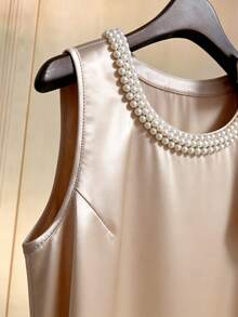 Franclia 纯色圆领缎面珍珠泡泡蝴蝶结无袖时尚优雅A字连衣裙 - 杏色 - 查看 3