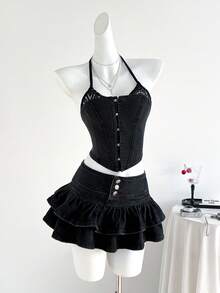 Elamini 女士时尚性感撞色蕾丝吊带牛仔上衣，夏季 - 灰色 - 查看 3