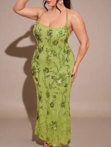 SHEIN BAE Đầm maxi cỡ lớn màu xanh lá cây trơn thêu hoa 3D đính sequin, xuyên thấu, hở lưng, buộc dây, thích hợp cho mùa xuân/hè, đi nghỉ mát, hẹn hò ngày Valentine, đầm ngắn cho phù dâu, đầm sequin sinh nhật, đầm maxi hở lưng, phù hợp cho tiệc tùng, hộp đêm, các dịp trang trọng, đầm dự tiệc cưới mùa thu, đầm dự tiệc cưới dành cho nữ. - màu xanh lá - Xem 6