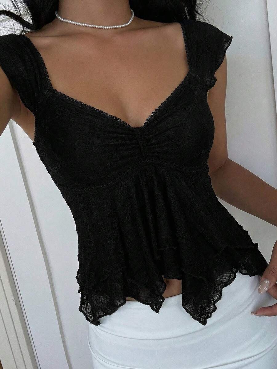 SHEIN EZwear French Romantic Lace Trim Layered Sleeveless Asymmetrical Ruffle Hem Top - Black - View 1