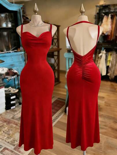 Franclia Sexy Backless Spaghetti Strap Waist Cinched Fitted Casual Party Dress For Women