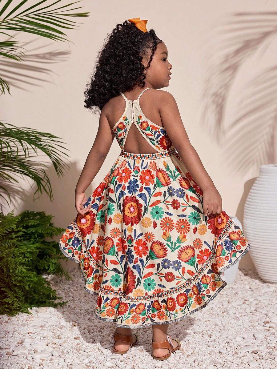 Young Girls Tropical Plant Print Backless Dress, Suitable For Vacation, Beach, Hawaii, Casual Daily Wear - Orange - View 1