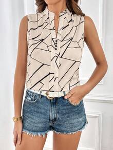 SHEIN Essnce 女士休闲几何印花无袖翻领衬衫，夏季 - 杏色 - 查看 4