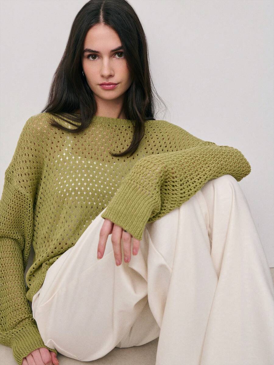 Nöista Loose Green Sweate With Open Structure Knit. Spring, Summer Outfit For Women, Casual Sweater. - Green - View 1