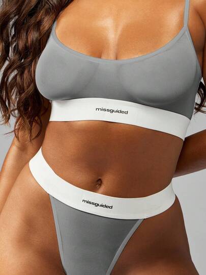 MISSGUIDED Branded Scoop Neck Mesh Bralette With Contrast White Trim Band Support