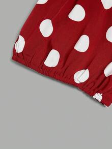 Elenzga Valentine's Day Lantern Sleeve Contrast Collar Polka Dot Women Blouse - Red - View 5