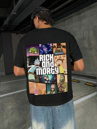 Rick and Morty X SHEIN 男士字母卡通图案圆领短袖T恤