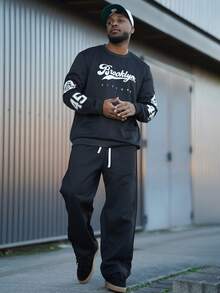 Heavens Edit 男士“VICTORY”印花圆领套头卫衣，街头风，秋冬款，长袖上衣 - 黑色 - 查看 1