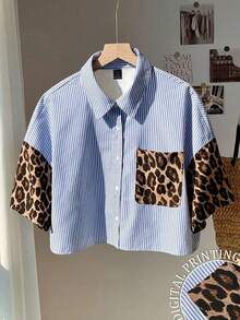 Resyla Plus Size Women Leopard Print Patchwork Striped Casual Top, Summer - Multicolor - View 1