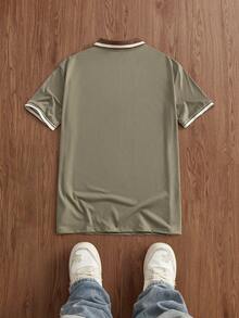Manfinity Unisex Men's Casual Commuter Striped Short Sleeve Knit Polo Shirt, Summer - Olive Green - View 2