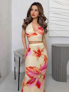 Jemour Women's Holiday Halter Top And Skirt Printed Two Pieces Set Tropical Two Piece Set Floral Two Piece Set - Multicolor - View 6