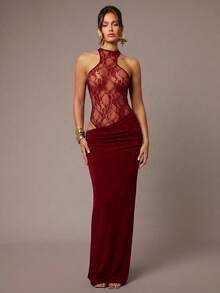 Silquee 纯色蕾丝拼接透视无袖性感迷你连衣裙，秋冬款 - 酒紅色 - 查看 1