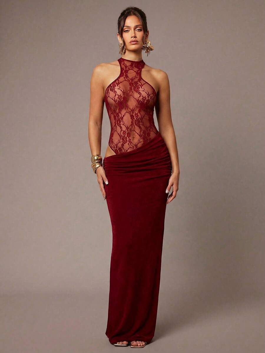 Silquee Vestido mini sexy de unicolor con parches de encaje transparente sin mangas, otoño/invierno - Burdeos - Ver 1