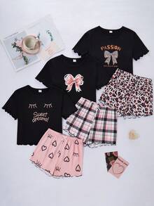 SHEIN 6pcs Girls Leopard Lip Print Top, Avocado Print Pants, Cartoon Bear Print Shorts Set, Casual Pajamas - Black - View 1